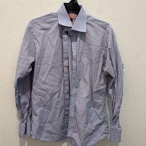 Thomas Pink Light Blue Striped Dress Shirt Size 15 1/2